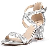IDIFU Women's IN3 Grace Strappy Block Heels Sandals Comfy Open Toe Chunky Dress Wedding Shoes with Adjustable Cross Strap