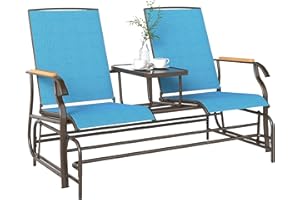 Outsunny 2 Person Outdoor Glider Bench, Patio Swing Glider Chair Loveseat with Breathable Mesh, Table, Steel Frame for Garden, Backyard, Porch, Blue