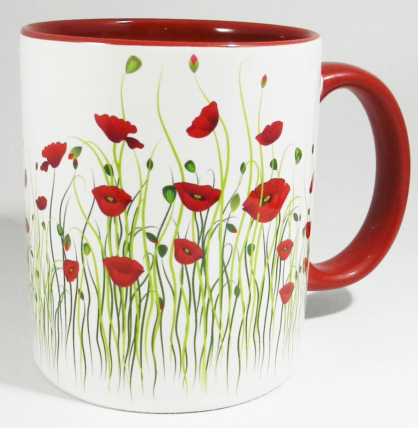 Half a Donkey Field of Poppies Ceramic Mug with Glazed Red Handle and Inner 310ml (11oz)