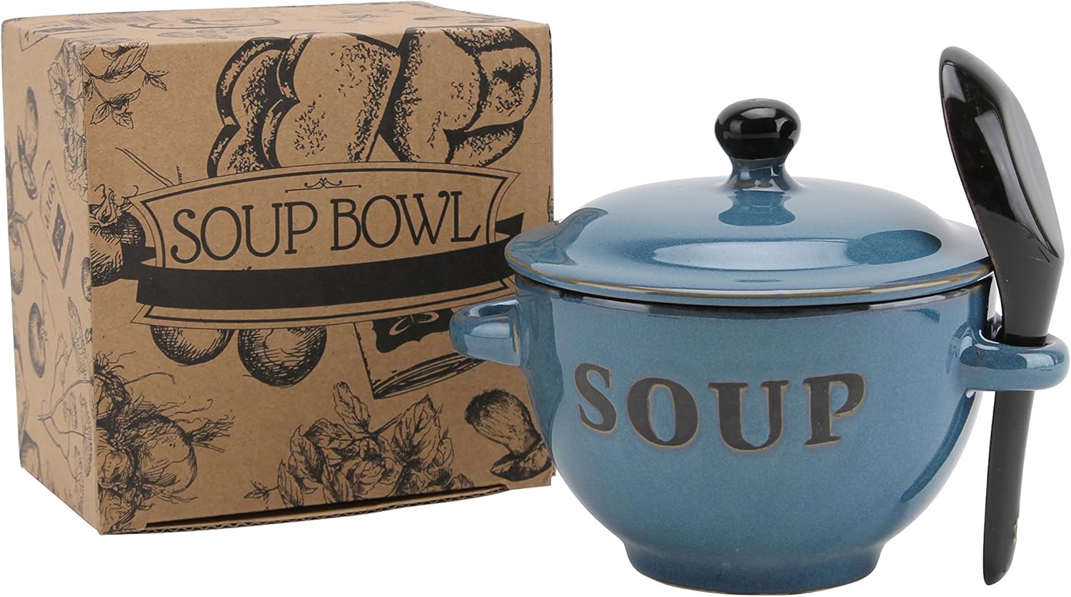 Assortiment de bols à soupe en céramique avec couvercle et cuillère dans une boîte cadeau en