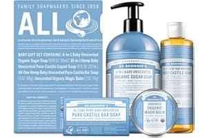 Dr. Bronner's Baby Unscented Gift Set - Pure-Castile Liquid and Bar Soaps, Organic Magic Balm, and 4-in-1 Organic Sugar Pump Soap