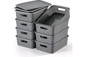 NETANY [ 8 Pack ] Plastic Storage Baskets With Lids, Small Pantry Organization, Stackable Storage Bins, Household Organizers for Cabinets, Countertop, Drawers, Under Sink or On Shelves,Gray