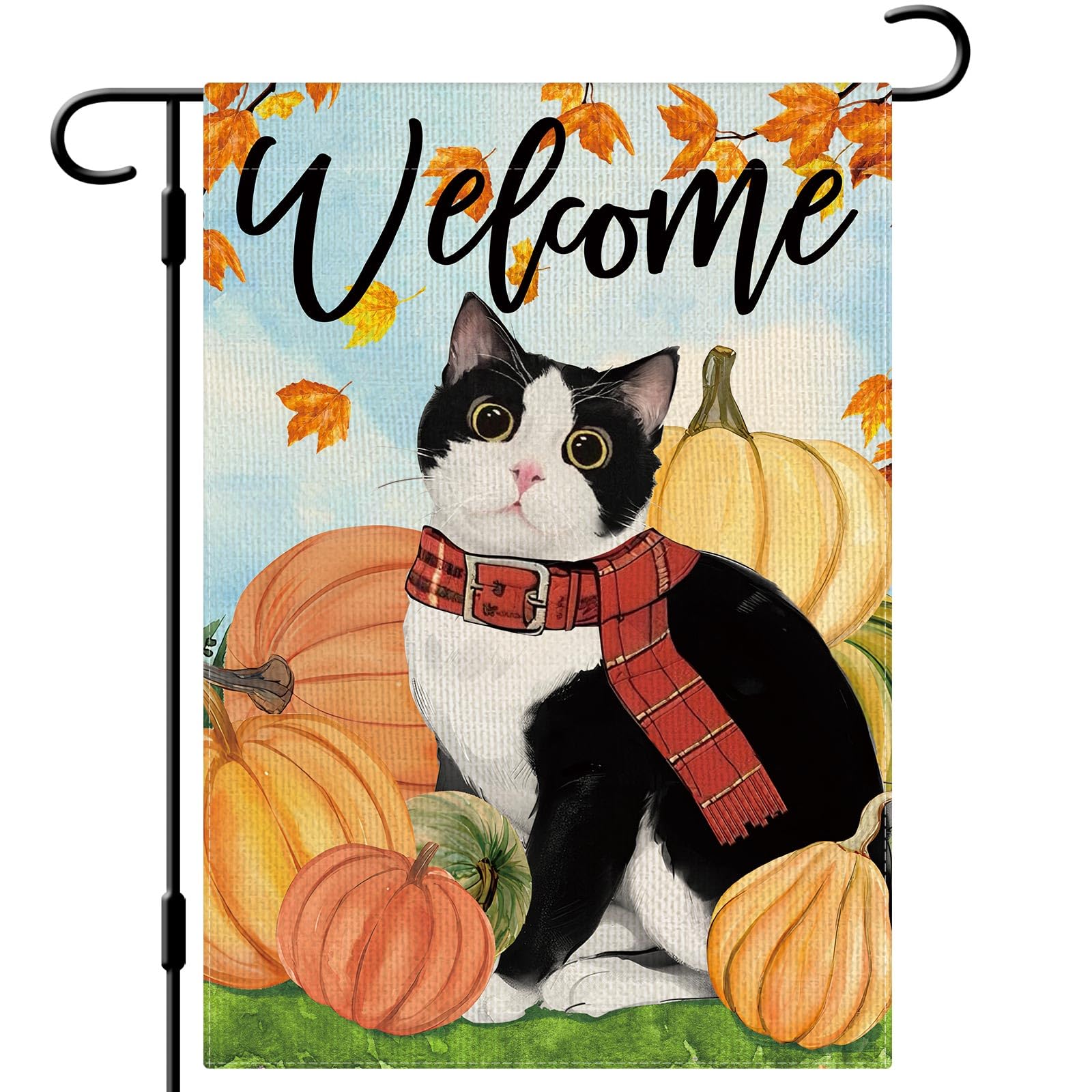 Photo 1 of DLZDN Welcome Fall Cat Garden Flag Autumn Tuxedo Cat Pumpkins Flag 12×18 Inch Double Sided Vertical Burlap Farmhouse Yard Flag Thanksgiving Holiday Outdoor Decor