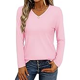 YUCOLEN Womens Long Sleeve Shirts V Neck Cotton T-Shirt Tops Solid Color Casual Breathable Basic Tee Tshirt