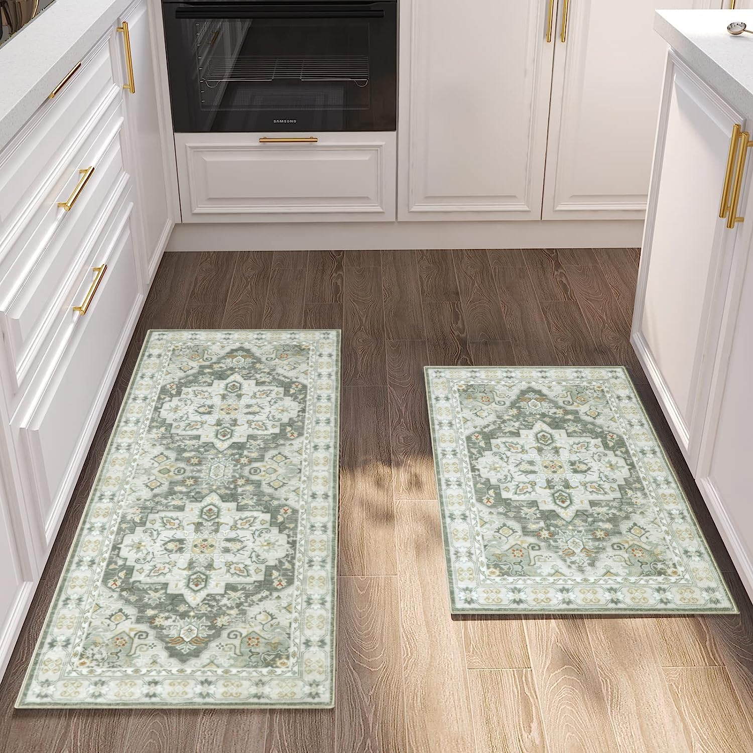 Cekene Boho Kitchen Carpet Runners Non-Slip Kitchen Runner Rugs Washable Kitchen Mats 2 Piece Absorbent Soft Low Pile Area Floor Rug for Laundry Room Bedroom Entrance(Green,50x80cm+50x120cm)
