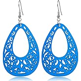 Fuvirou Handmade Bohemian Wood Earrings for Women Vintage Ethnic Natural Wooden Teardrop Geometric Hollow Dangle Drop Earrings Statement Jewelry Gifts