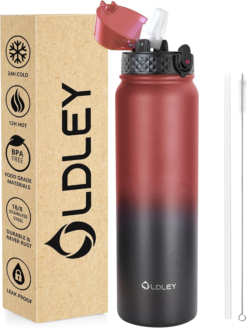 OLDLEY 1L Stainless Steel Water Bottle with Straw Lid Vacuum Insulated
