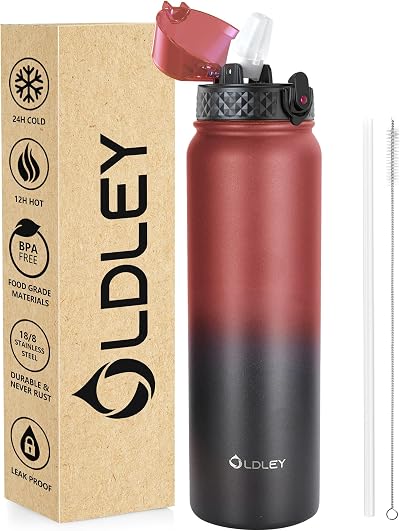 OLDLEY 1L Stainless Steel Water Bottle with Straw Lid Vacuum Insulated