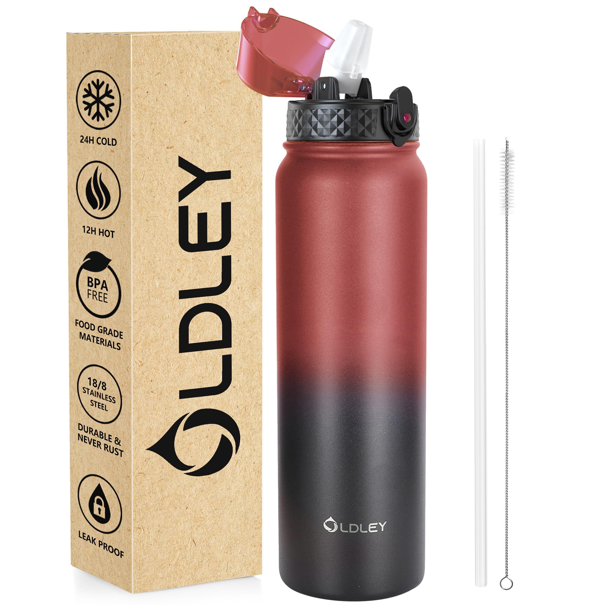 OLDLEY Stainless Steel Water Bottle with Straw 1L Vaccum Insulated Large Drink Flask Metal Water Bottles 1 Litre Leakproof Keep Drinks Hot Cold for Sports Gym Travel Adult Women Men(Red Black, 1 Lid)