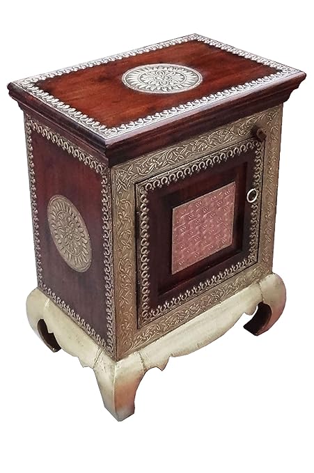 Orientalischer Holz Nachttisch Kalpana Dunkel Holz Messing 60cm Hoch | Orient Vintage Nachtkommode orientalisch handverziert 