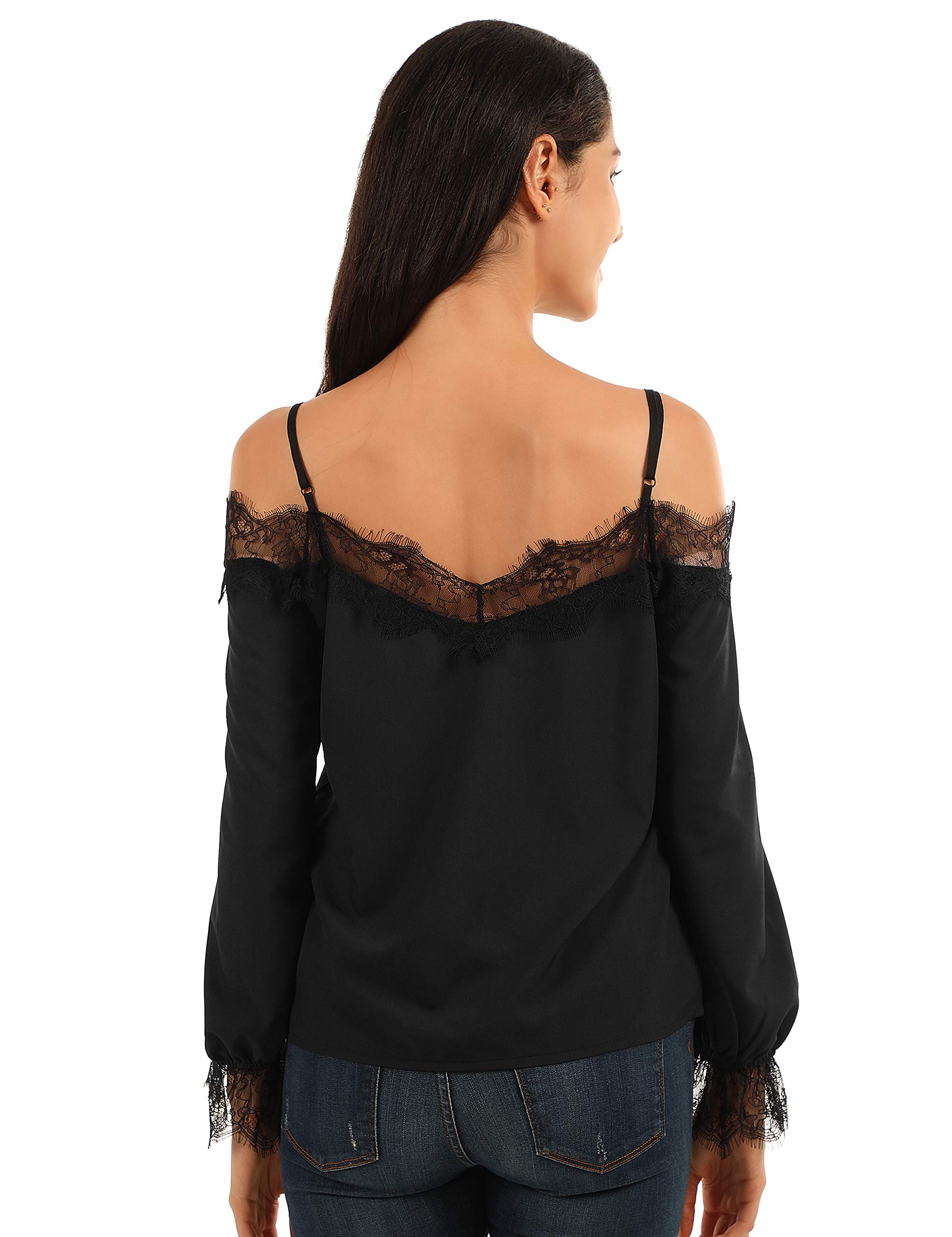 Blooming Jelly Womens Off Cold Shoulder Lace Top V Neck Puff Sleeve Shirt Spaghetti Cute Blouse (Small, Black)