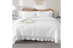 JOLLYVOGUE King Comforter Set, 3 Pieces White Seersucker Comforters King Size, Lightweight & Fluffy Bedding Sets King for All Season with 1 Ruffle Comforter and 2 Ruffle Pillowshams