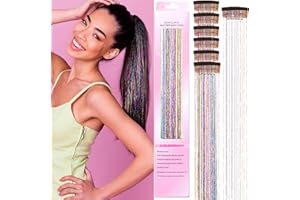LOEVCC Pack of 6Pcs Clip in Hair Tinsel Kit, 20Inch Glitter Tinsel Hair Extension with Clips on, Heat Resistant Fairy Hair Sparkle Strands Dazzle Hair Accessories for Women Girls Kids (Mix Colour)