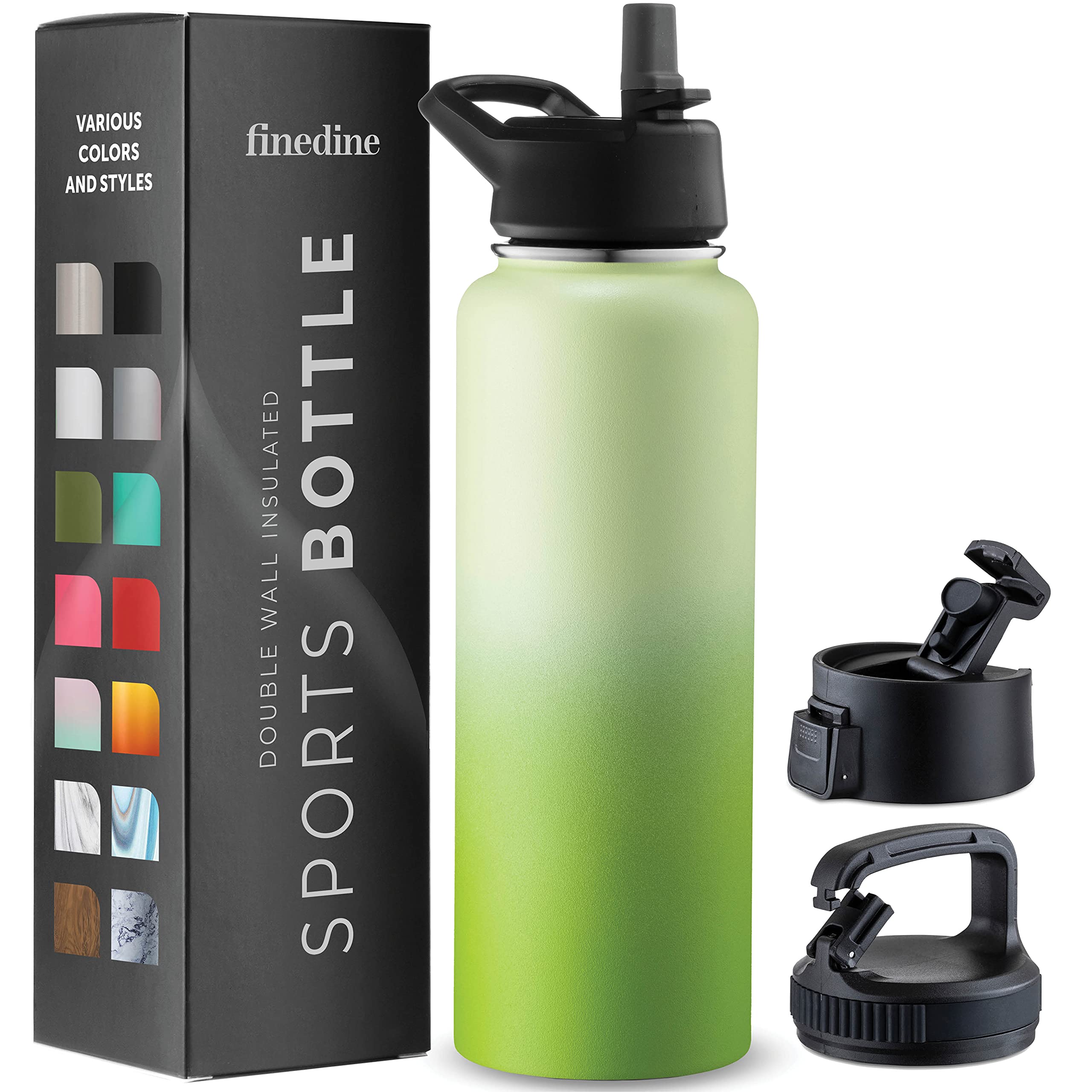 FineDine Water Bottle - Stainless Steel Insulated Water Bottle with Straw Lid, Flip Lid & Wide-Mouth Cap - Keeps Hot and Cold - 40 Oz / 1.18L - Dreamy Green