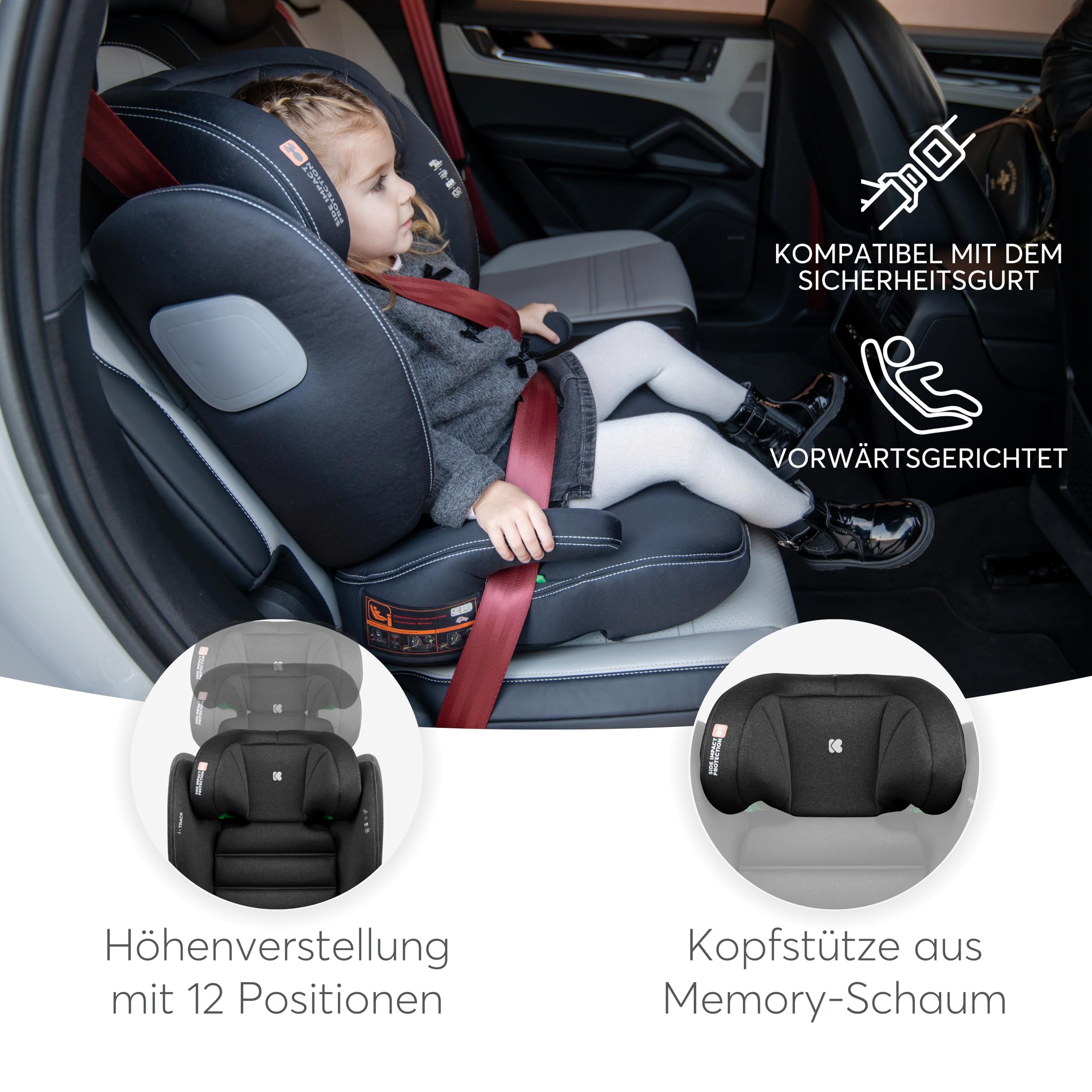 KikkaBoo Kindersitz 15-36 kg mit ISOFIX i-TRACK, Kindersitz ab 3 Jahre, Gruppe 2-3, Autositz bis 12 Jahre, i-Size, SPS, 12-fach verstellbare Kopfstütze, 100-150 cm, Schwarz 5
