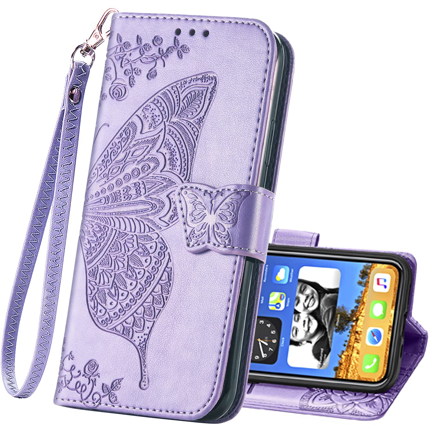 Wallet Case for iPhone 13 Pro,PU Leather Flip Protective Phone Case Wrist Strap Card Slots Holder Pocket Emboss Butterfly Flower Stand Case for iPhone 13 Pro Light Purple