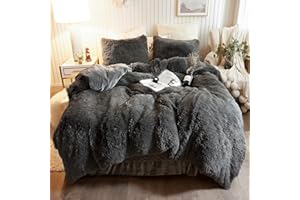 XeGe Plush Shaggy Duvet Cover Set, Luxury Ultra Soft Crystal Velvet Fluffy Bedding Sets 3 Pieces(1 Furry Faux Fur Comforter Cover + 2 Fuzzy Faux Fur Pillowcases), Zipper Closure(King, Dark Gray)