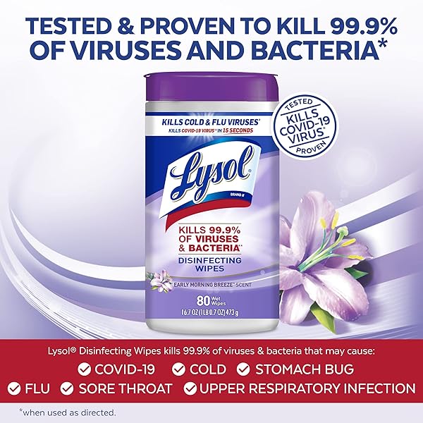 LYSOL DISINFECTANT WIPES, MULTI-SURFACE ANTIBACTERIAL CLEANING WIPES, DORM ROOM ESSENTIALS FOR DISINFECTING AND CLEANING, EARLY MORNING BREEZE, 80 COUNT (PACK OF 1)