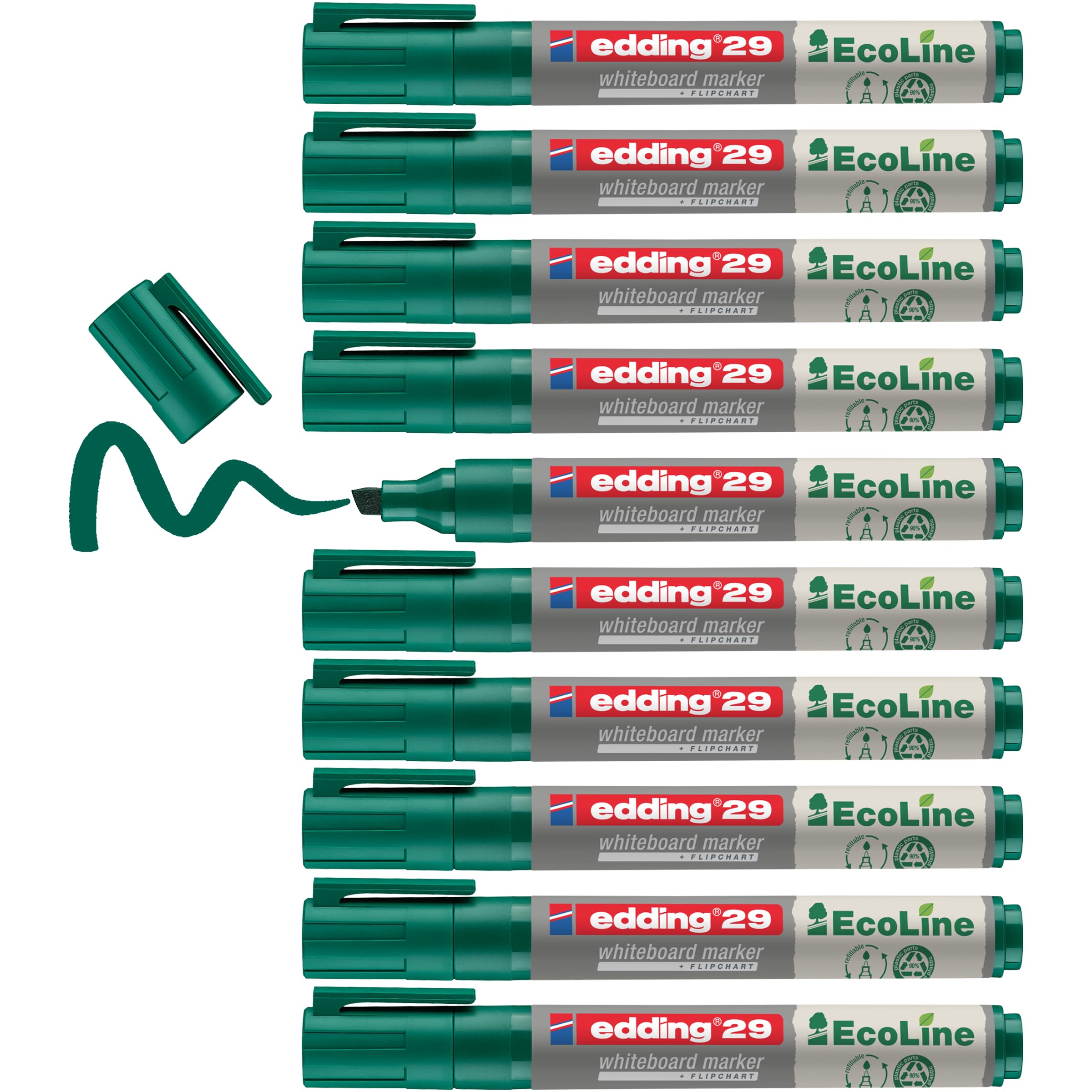 edding 29 Ecoline whiteboard marker - green - box of 10 whiteboard pens - chisel tip 1-5 mm - whiteboard pen dry wipe - for whiteboards, flipcharts, pinboards, memo boards - sketchnotes - refillable