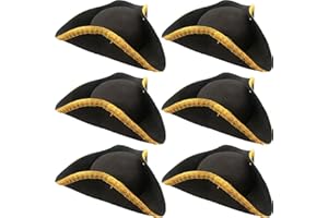 SGBETTER 6 Pack Black Pirate Hat Felt Colonial Tricorn Hat with Gold Trimming for Halloween Pirate Theme Party Cosplay Costume Accessories