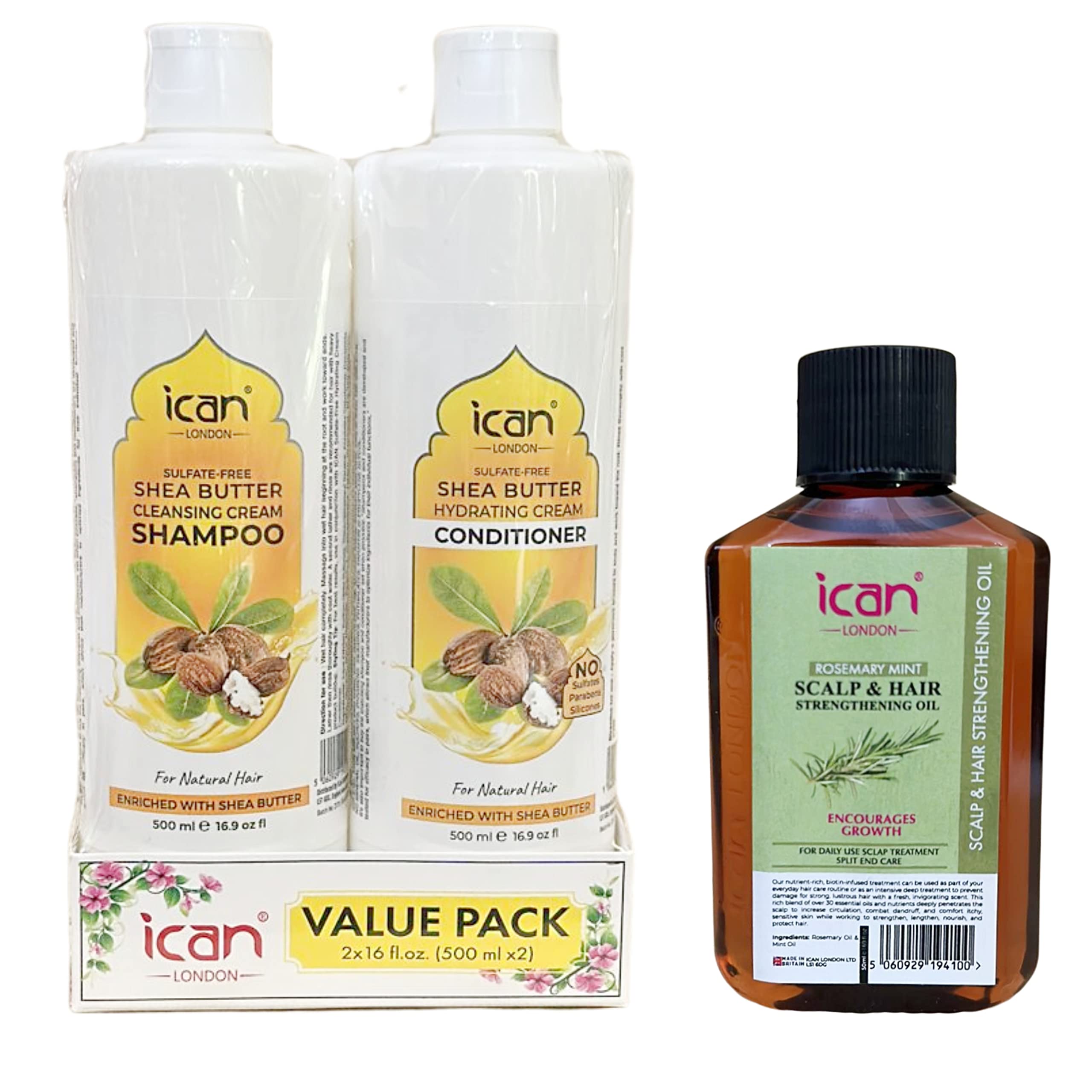 ican London Shea Butter Sulfate Free Shampoo 500ml + Conditioner 500ml + Rosemary Mint Oil 50ml Hair Growth Combo Pack