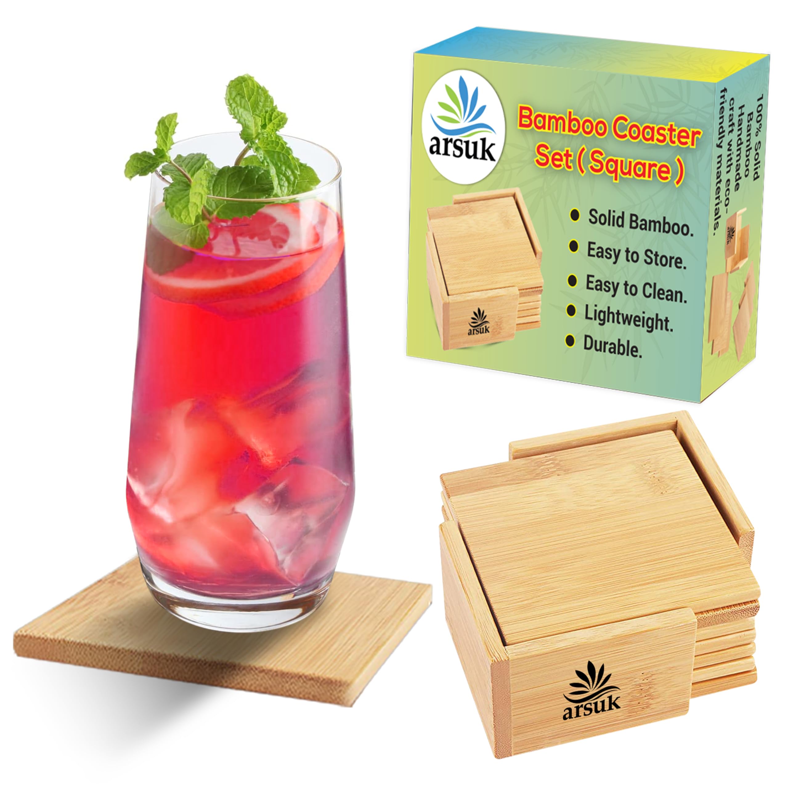 ARSUK Coasters Set of 6 Bamboo Drink Coaster Set with Holder Heat Resistant for Home Kitchen Table Housewarming Gift Decoration Protection