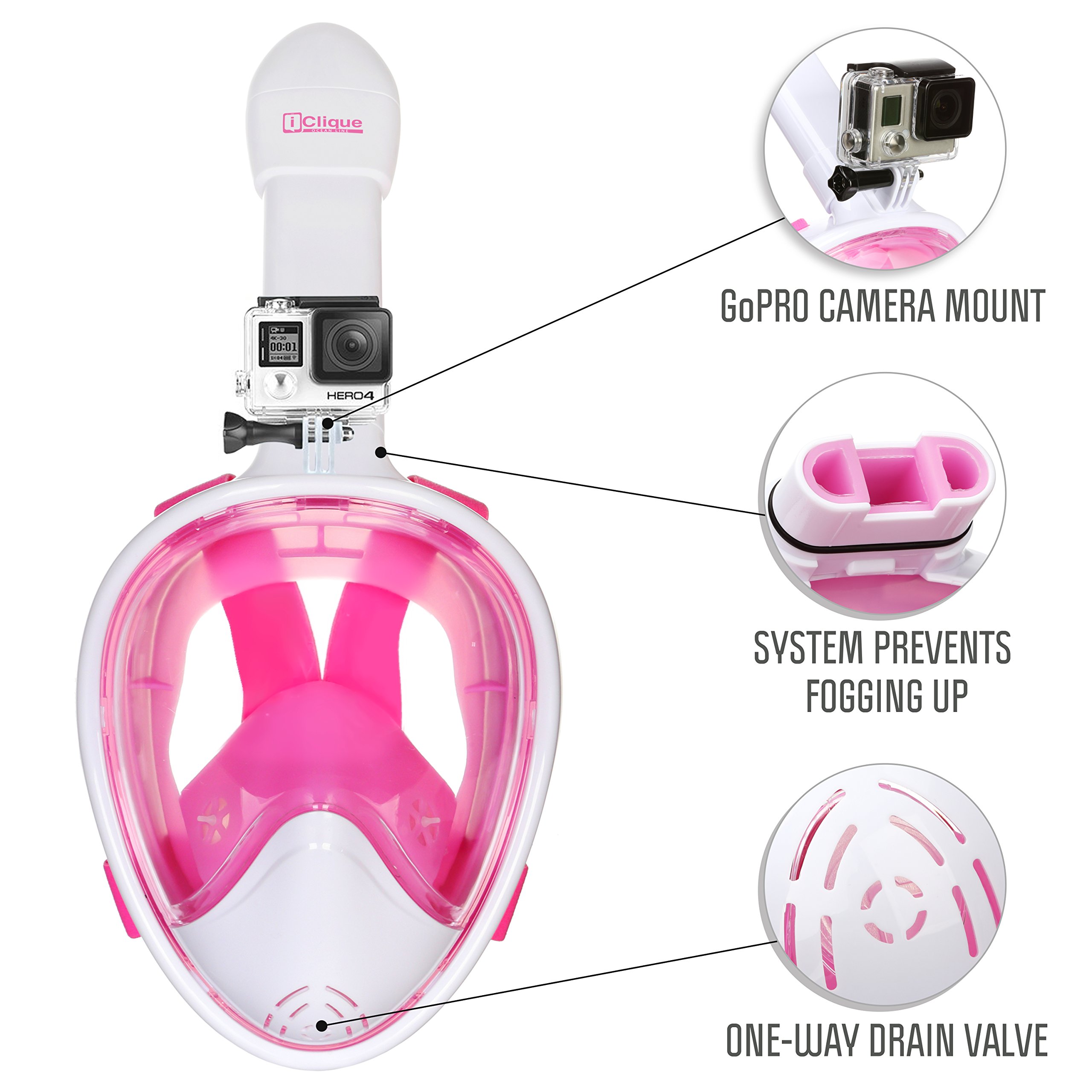iClique Full Face Snorkel Set - Scuba Diving Mask with Tubeless Anti-Fog Anti-Leak Design - 180 ° Panoramic Viewing - Free Swimming Waterproof Case for Phone Earplugs - GoPro Adapter (Pink)