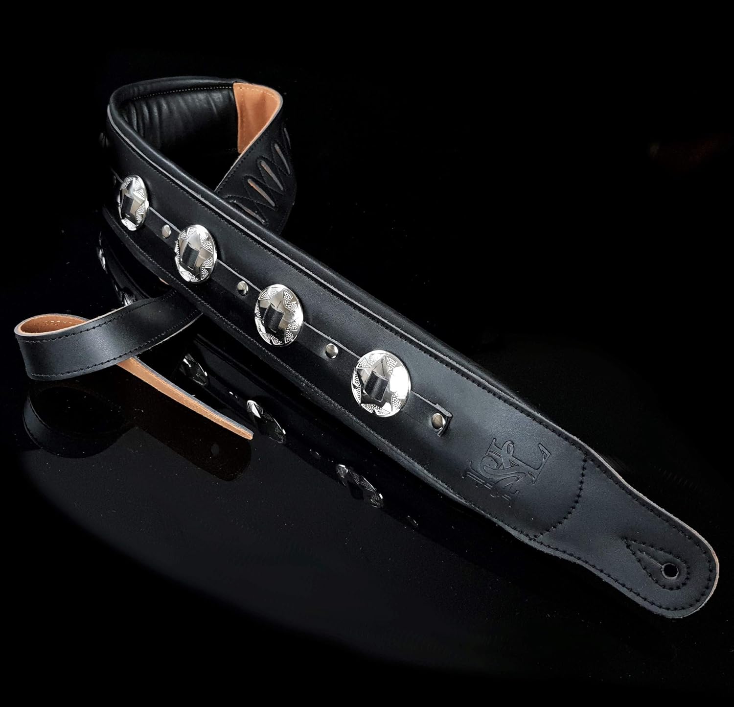 Iconic Leathers 3.25" Extra Wide Black Leather Conchos Dual Padded Guitar Bass Strap