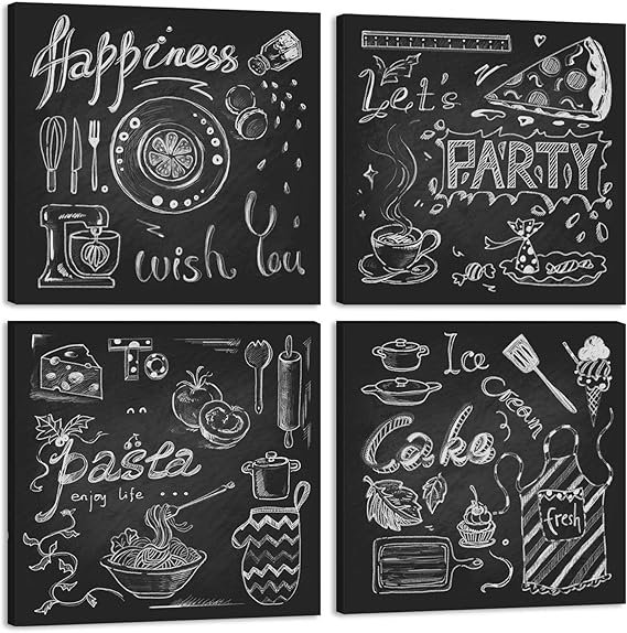Amazon Viivei アートフレーム 4パネルセット シンプルさ 北欧風なパネルセットパッチワーク カフェ 白いフォント 黒板 キャンバスアート ホームインテリア 壁掛け ソファの背景絵画 Hd 写真 木枠付きの完成品 30x30x4 黒板 ウォールステッカー オンライン通販