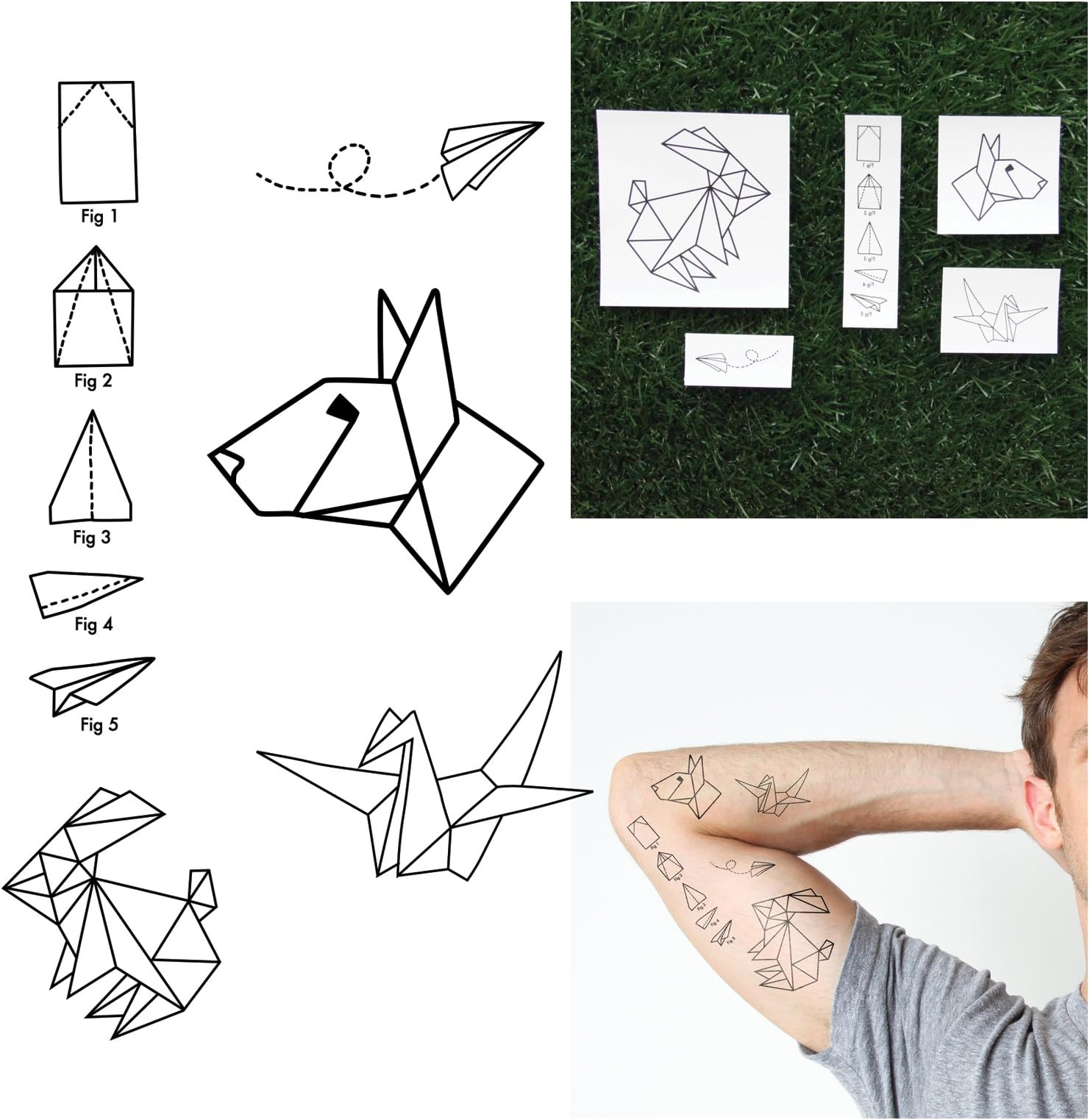 Tattify Origami Themed Temporary Tattoos - Fold You So (Complete Set of 10 Tattoos- 2 of each Style) - Individual Styles Available - Fashionable Temporary Tattoos