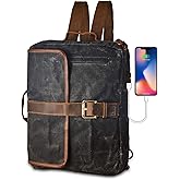 BRASS TACKS Leathercraft Vintage Waterproof Waxed Canvas Convertible Laptop Messenger Backpack Rucksack For Men Women