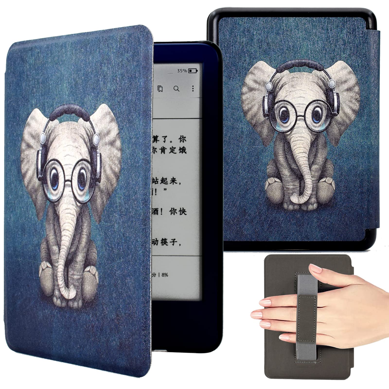 BYCeKe Case for 6" Kindle 11th Generation 2022 2024 (Model: C2V2L3, RS23CV) Slim PU Leather Light Shell Smart Folio Cover for for 6 inch Kindle 2024 Case with Hand Strap Auto Sleep/Wake, Elephant
