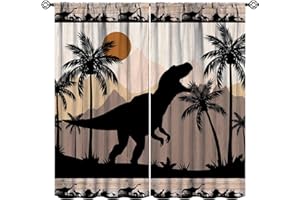 ShiTingYu Dinosaur Curtains for Kids Boys Bedroom Nursery Room Window Treatments Ancient Forest Retro Wooden Background Cartoon Dinosaur Palm Tree Drapes 42x45 Inch