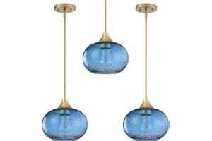 SEENMING HOUSE 3 Pack 1-Light Hanging Indoor Kitchen Island Pendant Light,7.75" Black Seeded Ancient Blue Glass Pendant Ceiling Light Fixtures Gold Finish Modern Farmhouse Over Sink