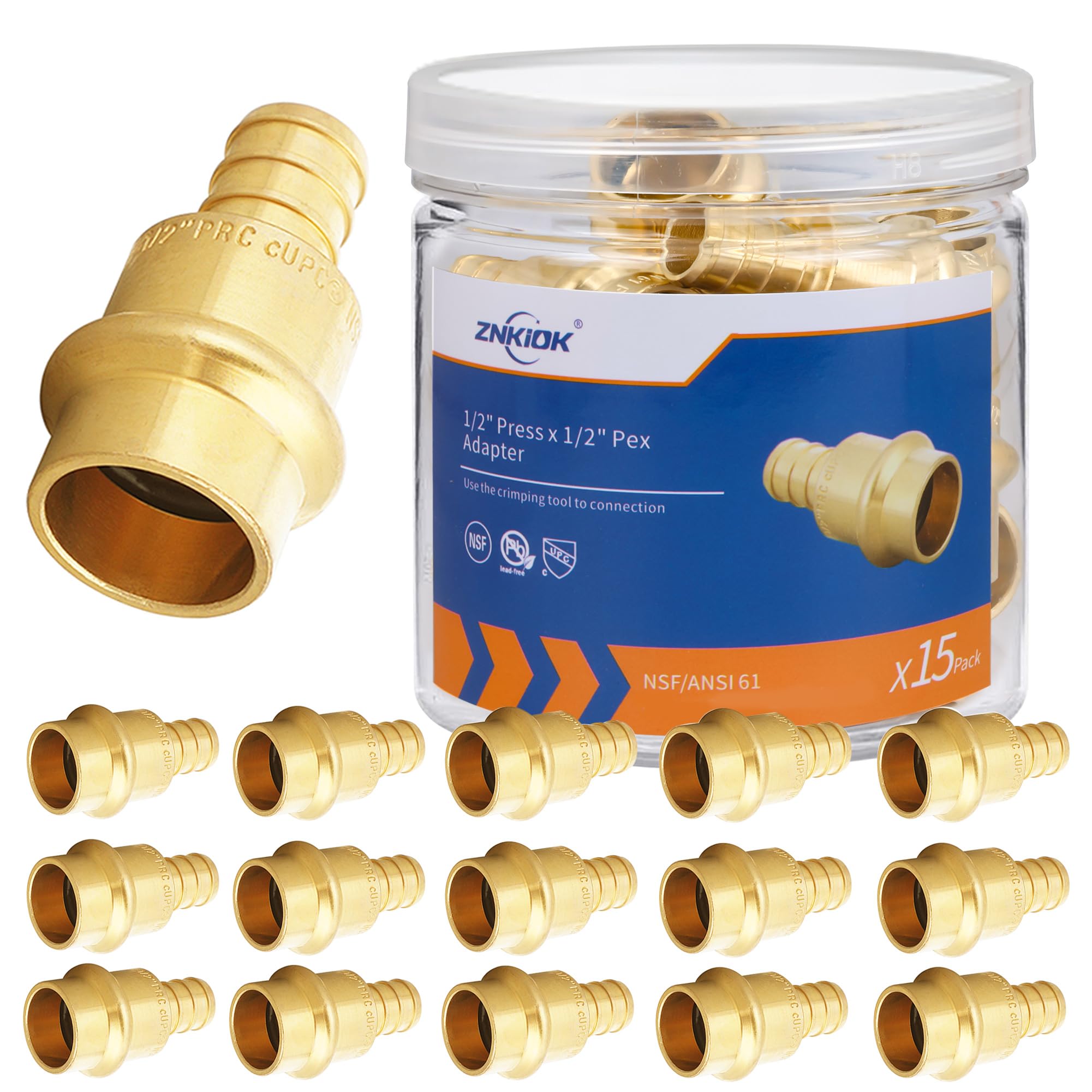 Photo 1 of (Znkiok® 15Pack) 1/2" Press x 1/2" Pex Adapter Crimp Fittings,Copper Propress To Pex Adapter,Lead-Free Brass,NSF/ANSI 61,UPC.