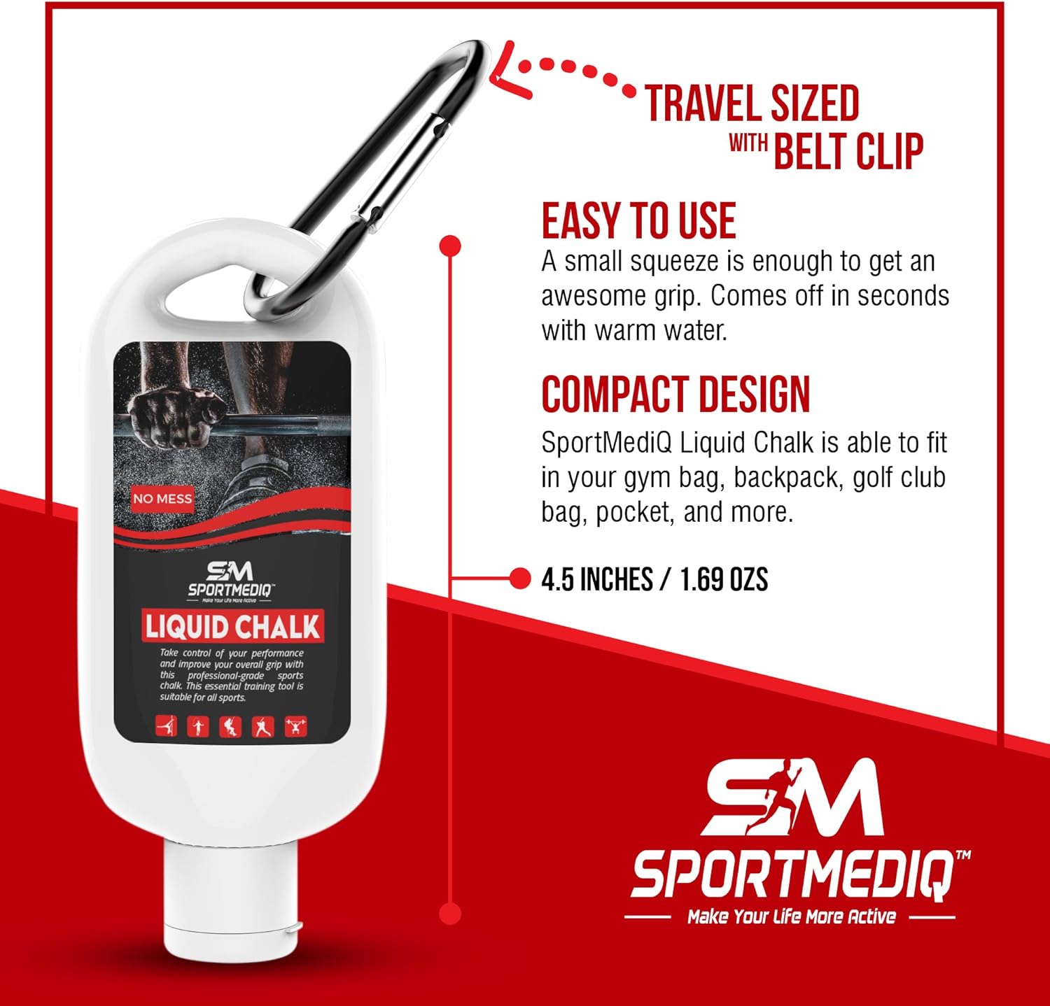 SPORTMEDIQ Pro Grade Liquid Chalk – 1 Pack - Mess Free Professional Hand Grip for Gym, Weightlifting, Rock Climbing, Gymnastics, Rock Climbing - Dries in Seconds - 1.69oz Travel Size with Belt Clip : Sports & Outdoors