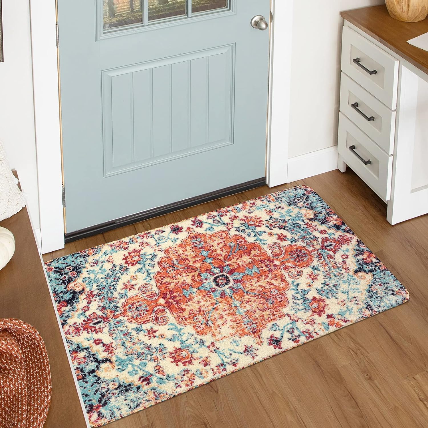Rugs, Pads & Protectors - Lahome Bohemian Floral Medallion Area Rug - 2x3 Oriental Distressed Small Bath Rug Country Vintage Doormat Faux Wool Non-Slip Washable Low-Pile Carpet for Bathroom Kitchen Laundry Room Decor