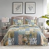 YAYIDAY Oversized King Bedspreads Patchwork Quilt Set (120x118 Inch) - 100% Cotton Reversible Breathable Green Leaves Quilted Coverlet with Pillow Shams for All Seasons