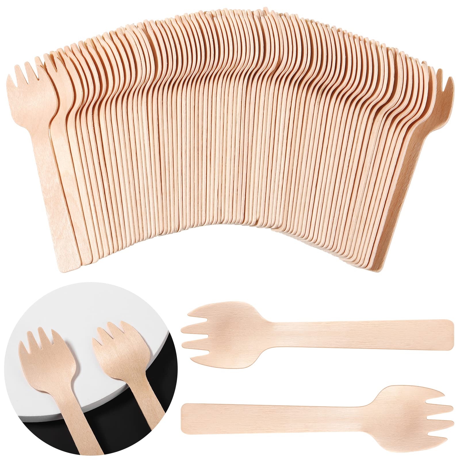 Honoson 300 Pcs 4'' Mini Disposable Wooden Sporks Bulk 2 in 1 Fork Spoon Utensils Small Wood Appetizer Cutlery Cake Forks for Wedding Camping Carnival Birthday Party Supplies