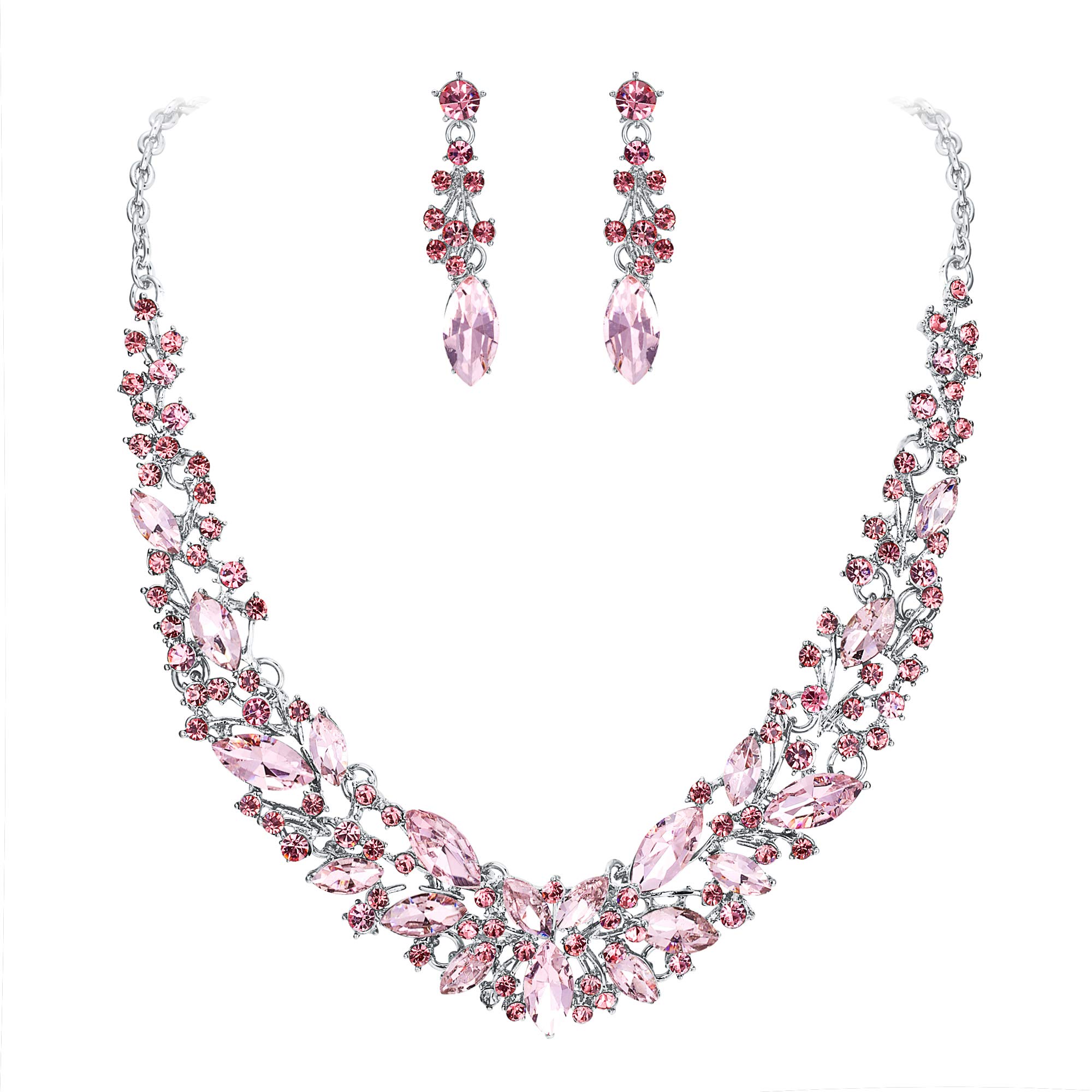Clearine Wedding Bridal Jewellery Set for Women Austrian Crystal Marquise Cluster Collar Necklace Dangle Earrings Pink Silver-Tone