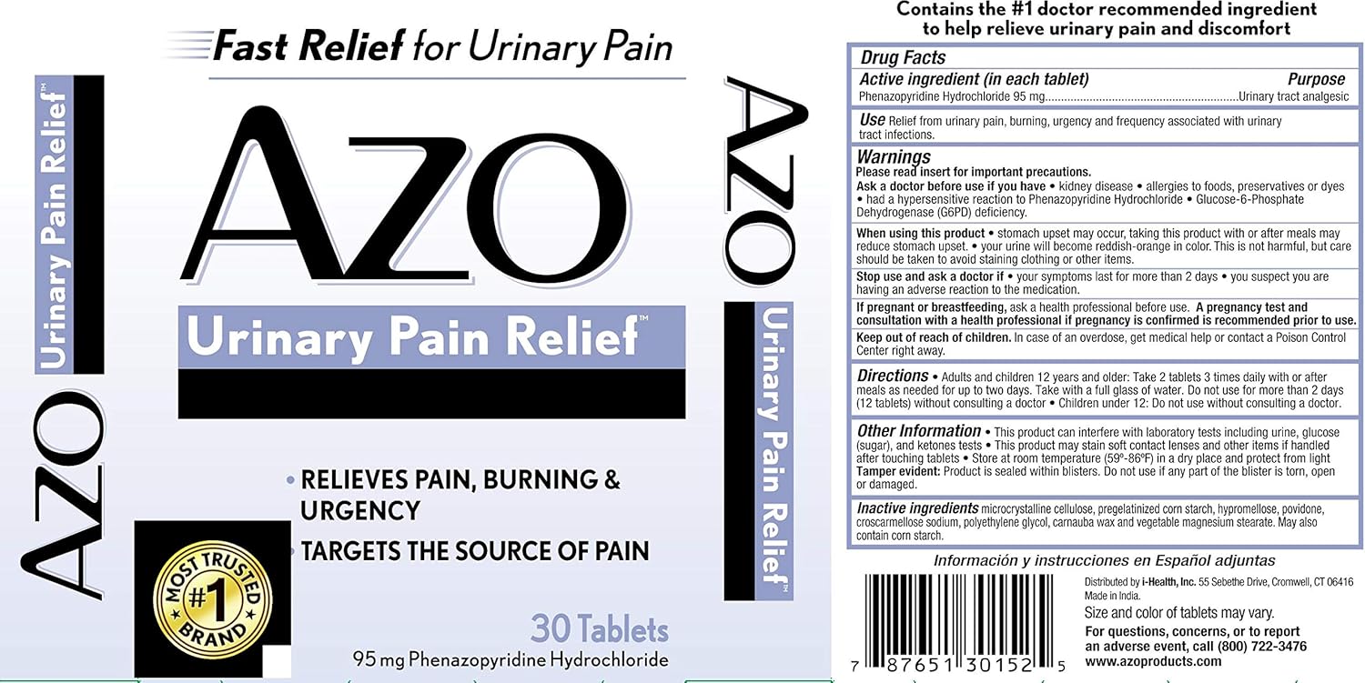 AZO Urinary Pain Relief, Dietary Supplement, Contains 95 mg Phenazopyridine Hydrochloride The #1 Ingredient Prescribed by Doctors Pharmacists Specifically for Urinary Discomfort†, 30 Count: Health & Personal Care