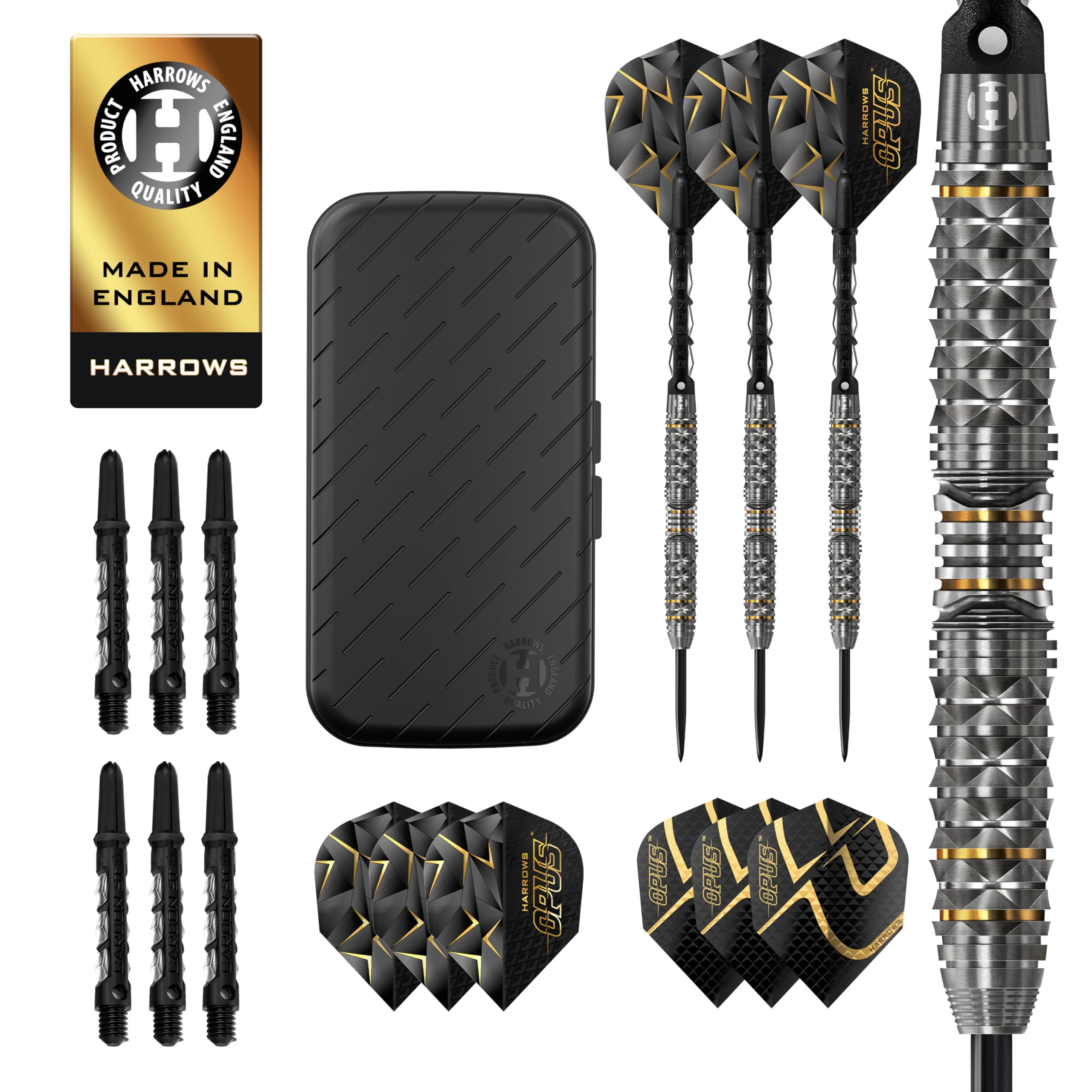 Harrows Opus Darts Set I Professional Darts 90% Tungsten Steel Tip ALL Weights Pro Darts I Huge 16pc Set with Carbon ST Shafts, Opus Flights & FREE Slimcase Darts Case (23g)