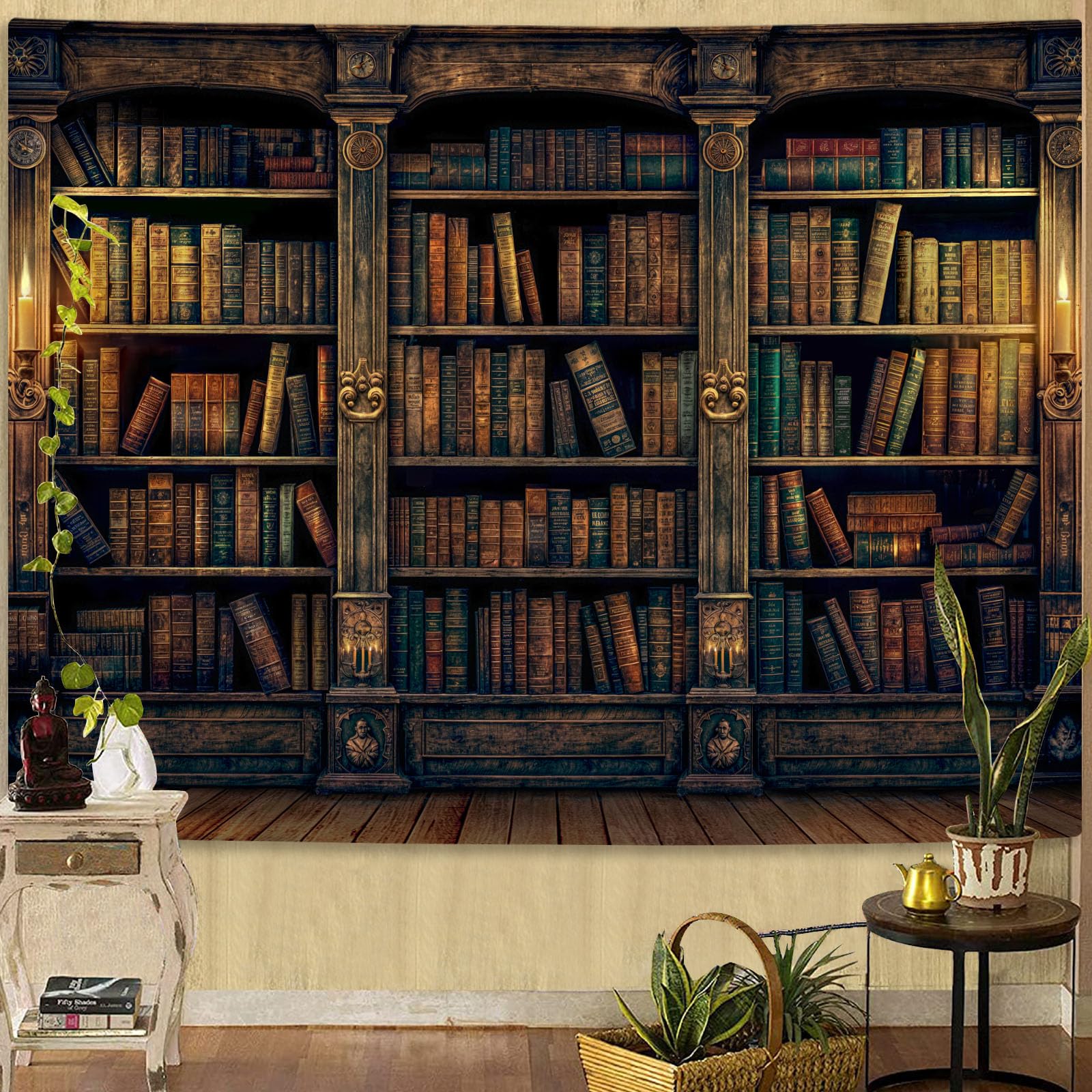 Photo 1 of YEXIT Retro Bookshelf Wall Tapestry, Vintage Books Study Library Tapestries for College Dorm Bedroom Magic Caslte Backdrop 60×80 inch