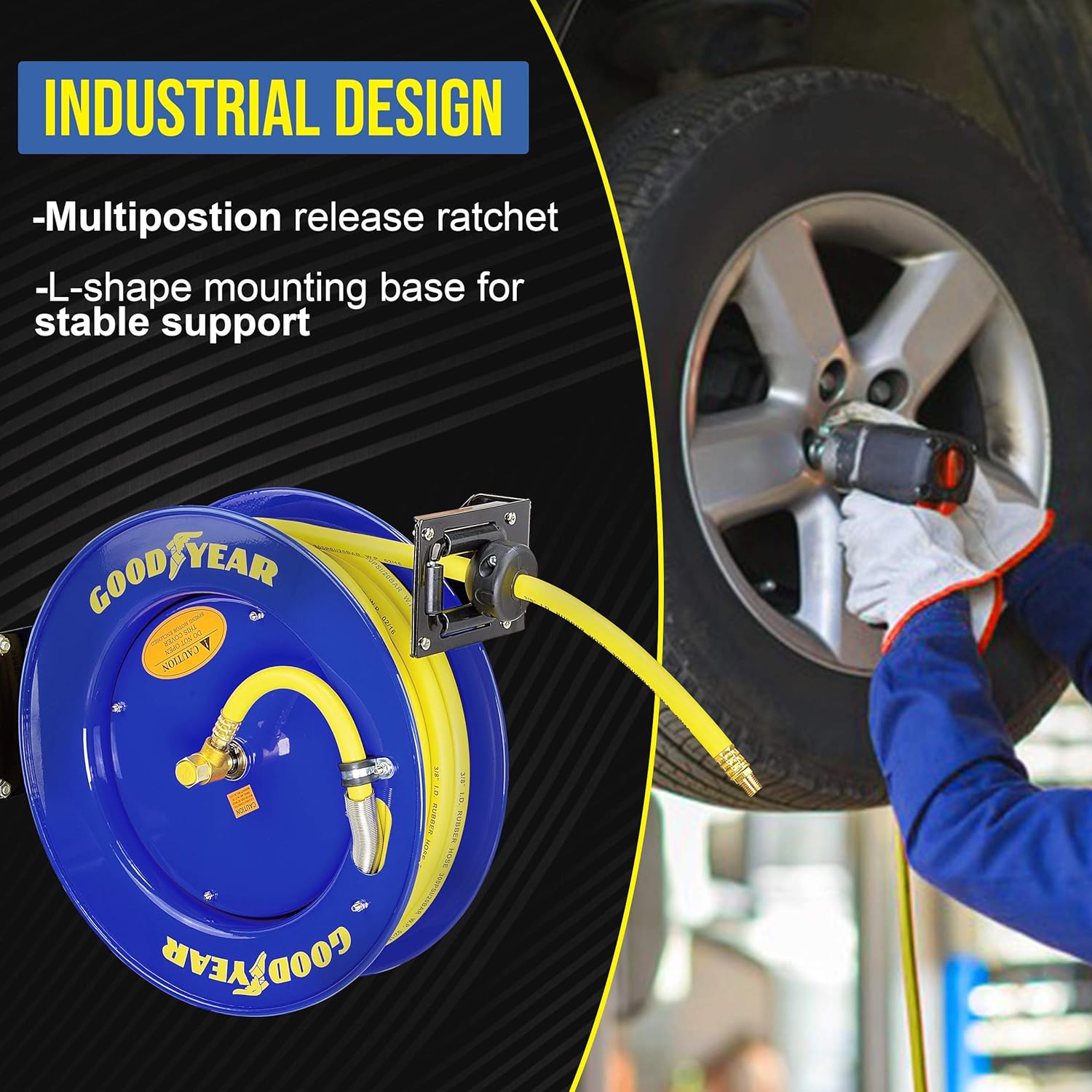Goodyear Air Hose Reel Retractable 9.5mm x 15m 20BAR Max SBR Rubber Hose Heavy Duty Industrial Steel Single Arm Construction - Image 5