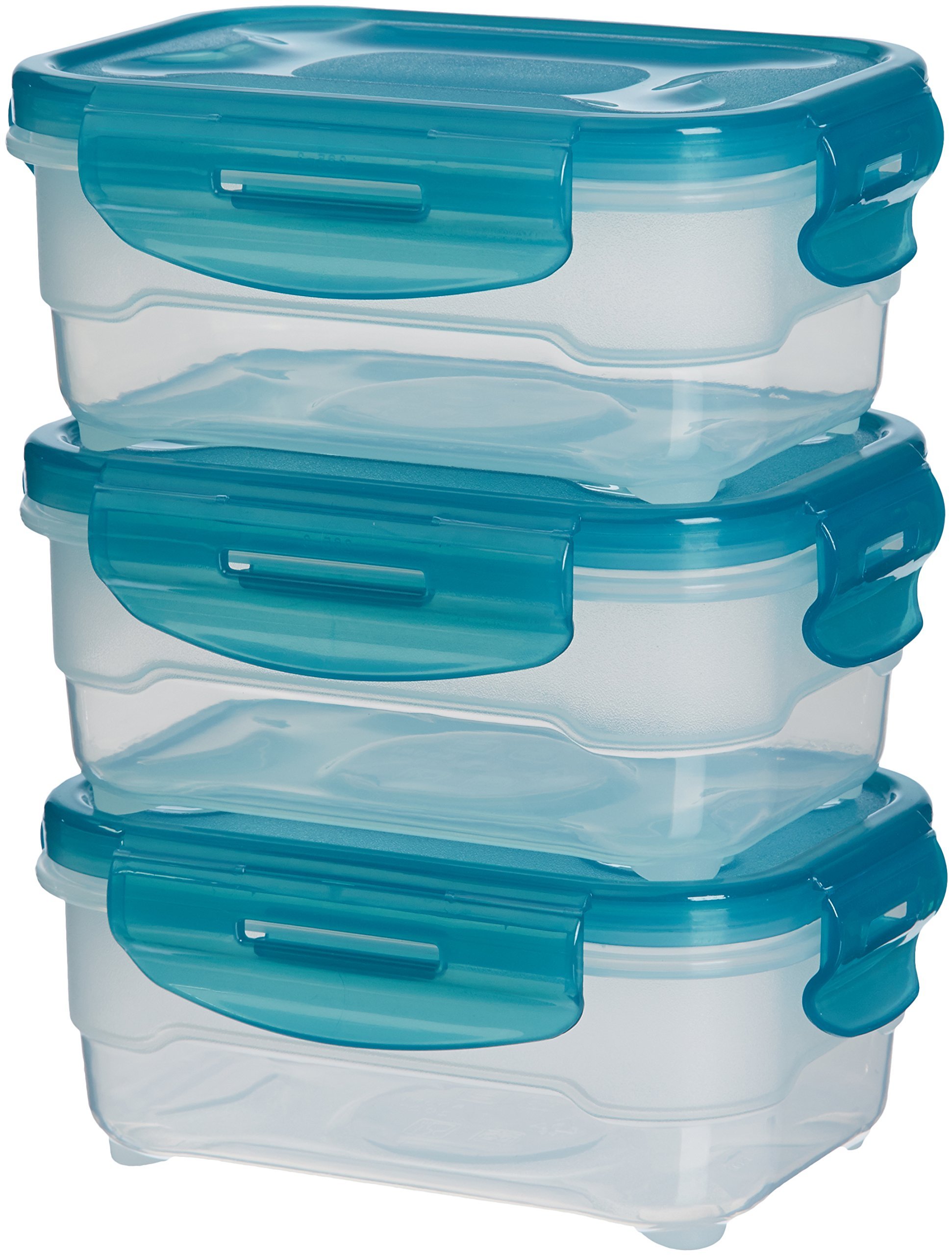 Amazon Basics Air-Locked Leak-Proof, Stackable & Airtight Fridge/Freezer Containers with Lids, BPA-Free Plastic, Microwave and Dishwasher Safe 3-Piece Food-Storage Set, 3 x 0.6 liter, Light Blue