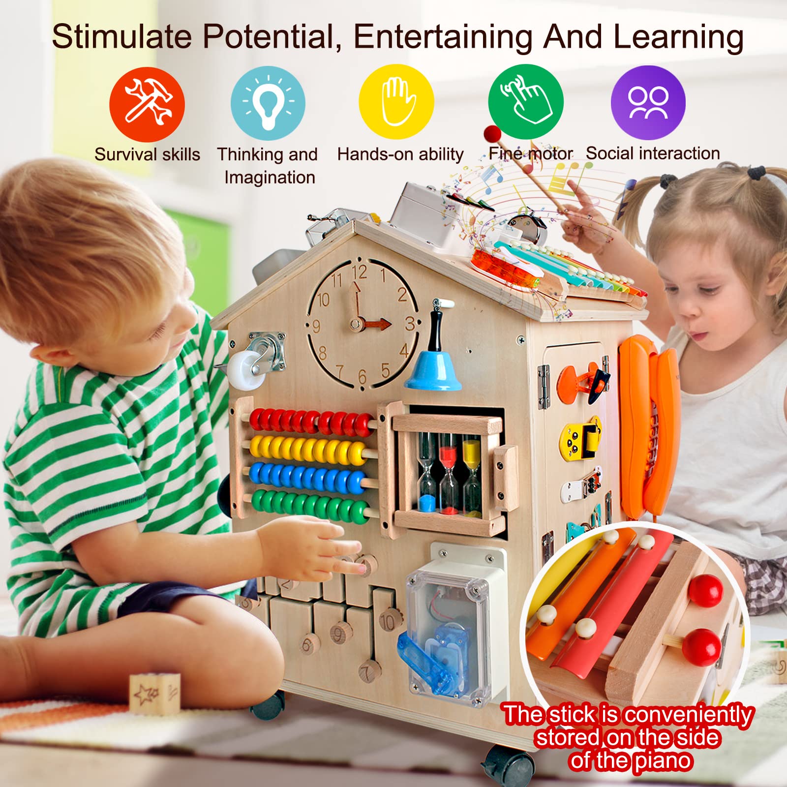 SHIERDU Montessori Wooden Busy House Basic Life Skills and fine Motor Training for Children, pre-School Education and Learning Busy Board, Sensory Game Toys, Large Gifts for Boys and Girls