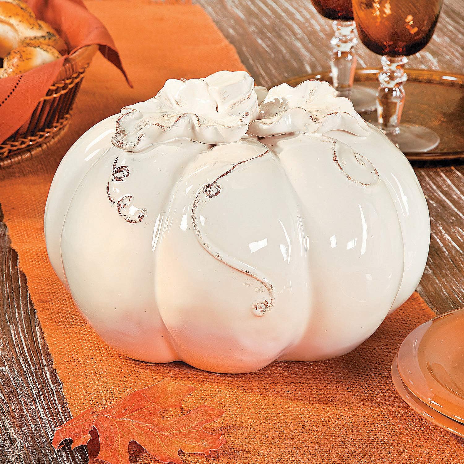 Fun Express White Ceramic Pumpkin with Vine Accents (10 inch Diameter) Fall Home Decor