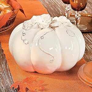Fun Express White Ceramic Pumpkin with Vine Accents (10 inch Diameter) Fall Home Decor