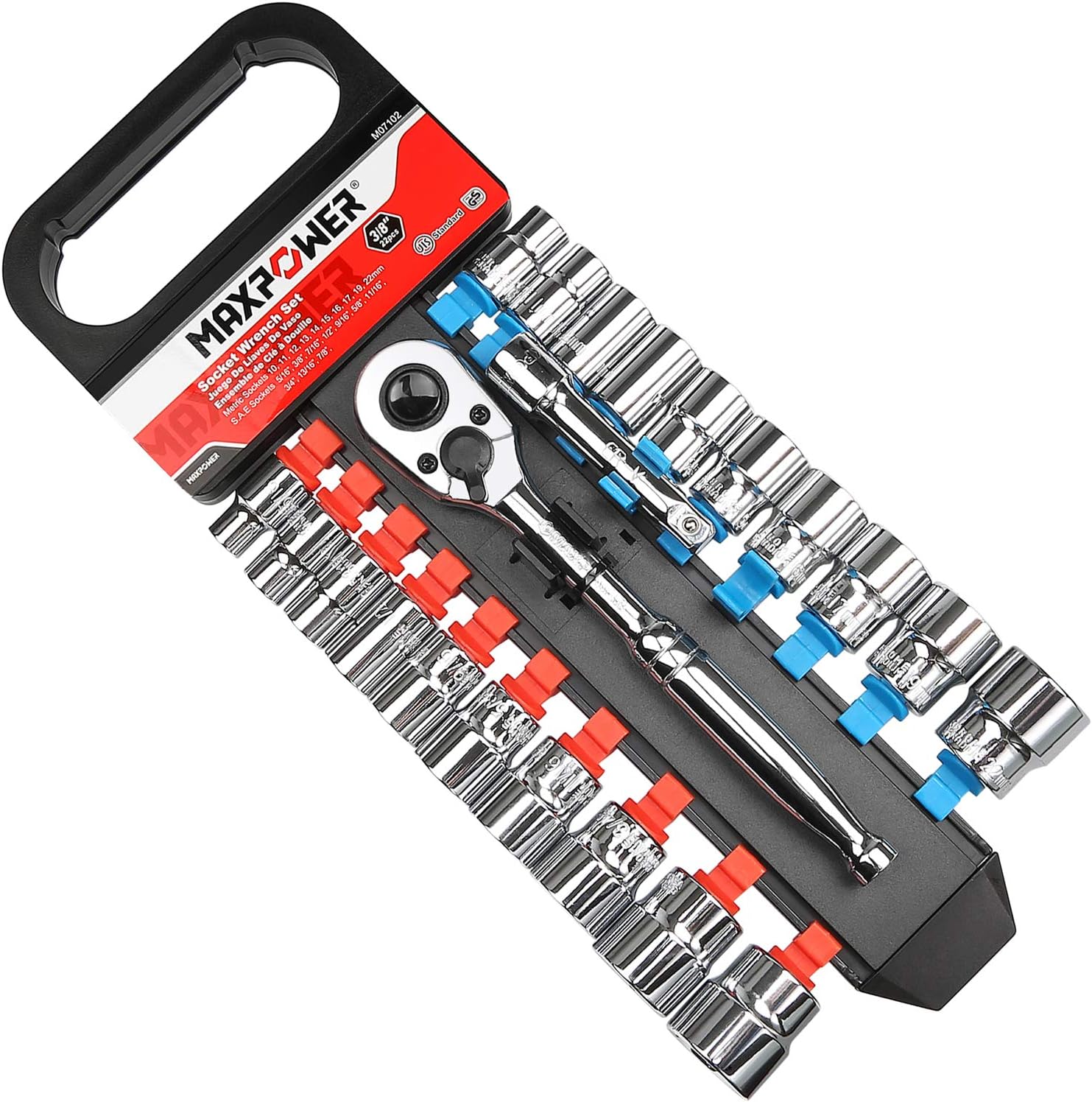 MAXPOWER 22pcs 3/8-inch Ratcheting Socket Wrench Set - Pro Grade 72 Teeth Quick Release Reversible Ratchet Handle with Metric, Inch Sockets and 3-Inch Extension Bar on a handy rack