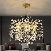 EGM Gold Tree Branch Crystal Chandelier 18-Inch, Crystal Chandelier for Dining Room 6-Light, Hanging Round Raindrop Chandelie
